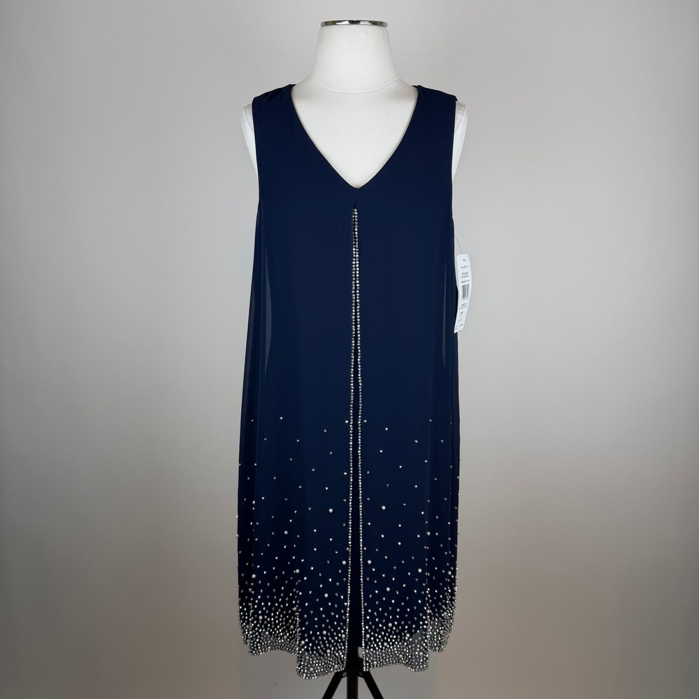 NWT MSK Navy Sleeveless Rhinestone Pearl Embellished Shift Dress Womens Sz Large - Picture 2 of 11